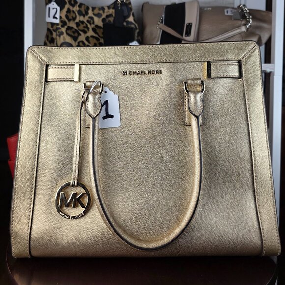 MICHAEL Michael Kors Handbags - Michael Kors Dillon Large Satchel Champagne Gold Saffiano Leather